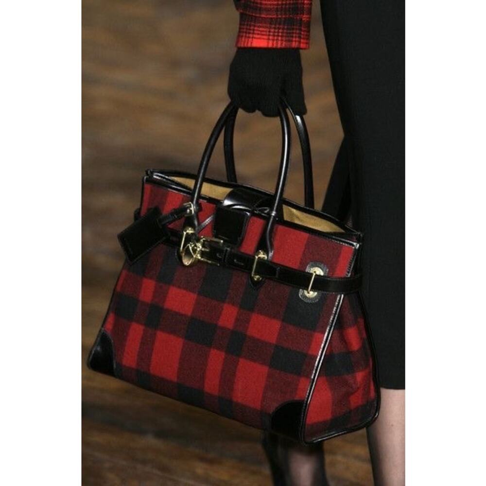 Ralph Lauren Collection Runway Buffalo Plaid Wool Leather Satchel Bag Red Black